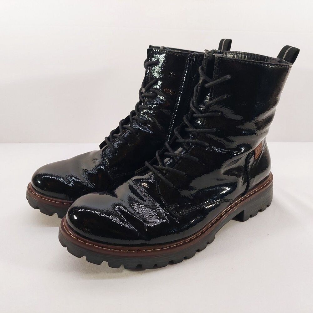 Josef Seibel Marta 02 Black Patent Leather Combat Boots Womens EU 39 Lace Up Zip